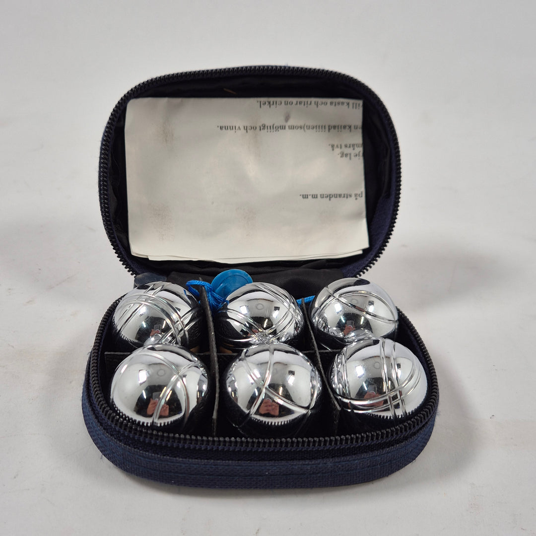Mini bouleset metallklot med blått fodral