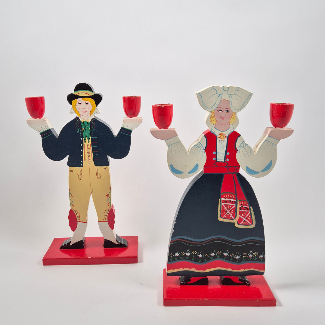 Retro svenska träljusstakar folkdräkt handmålade vintage