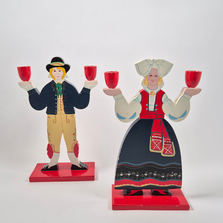 Retro svenska träljusstakar folkdräkt handmålade vintage