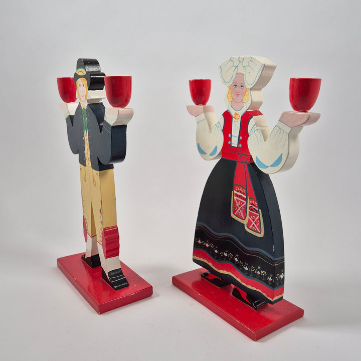 Retro svenska träljusstakar folkdräkt handmålade vintage