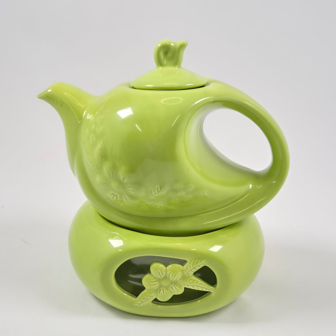 Retro limegrön tekanna med värmare blomdekor