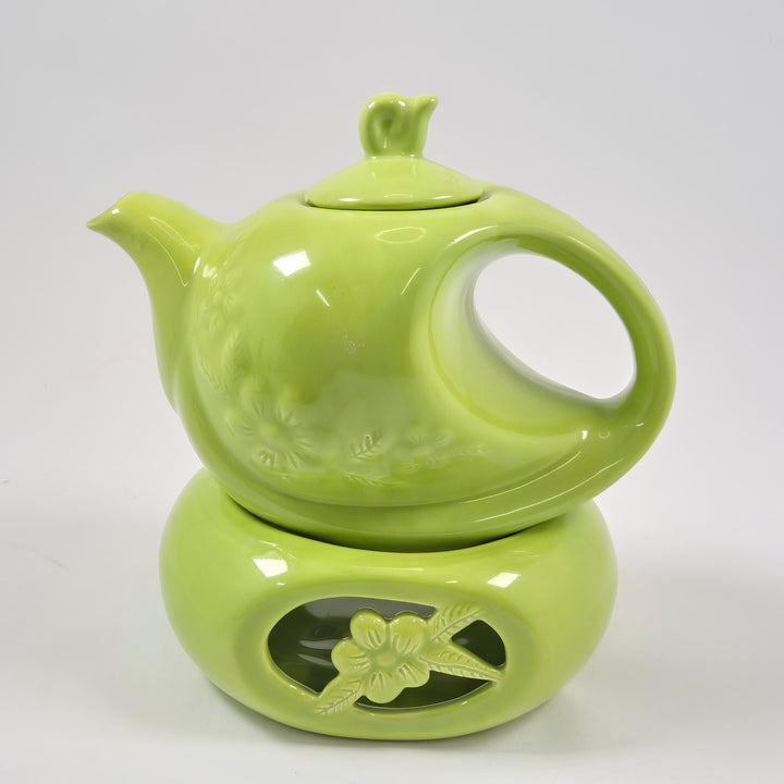 Retro limegrön tekanna med värmare blomdekor