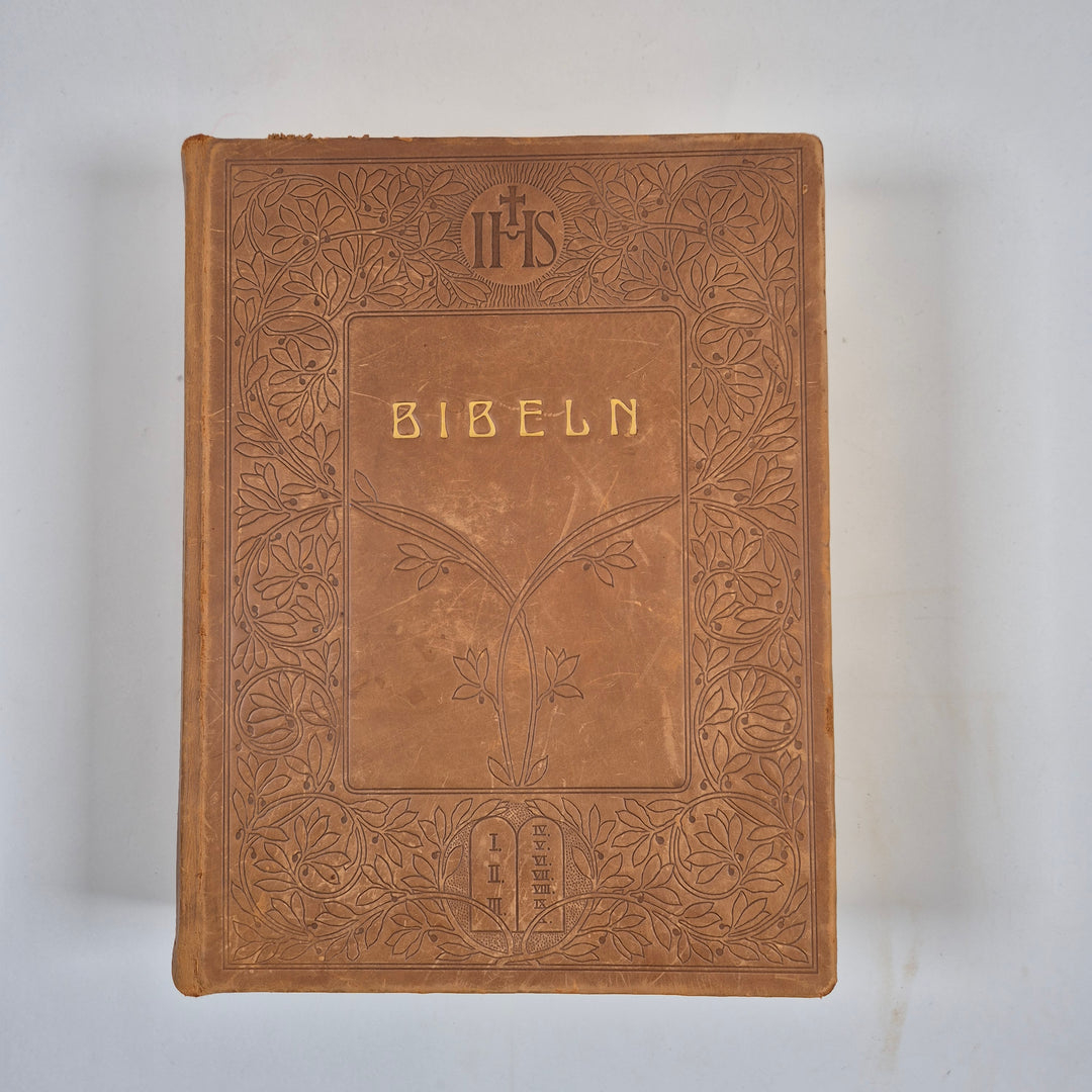 Stor vintage familjebibel i brunt läderband 1925