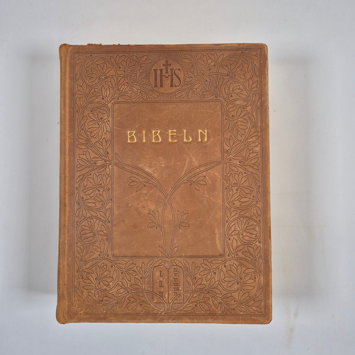 Stor vintage familjebibel i brunt läderband 1925