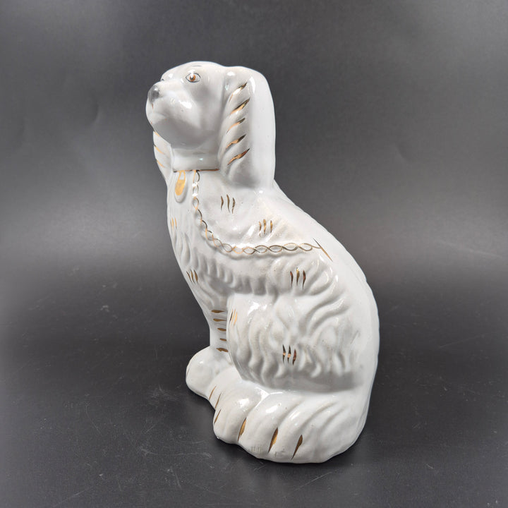 Vintage porslinshund Staffordshire stil vit med guld