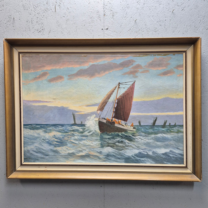 Retro marin oljemålning segelbåt i stormigt hav