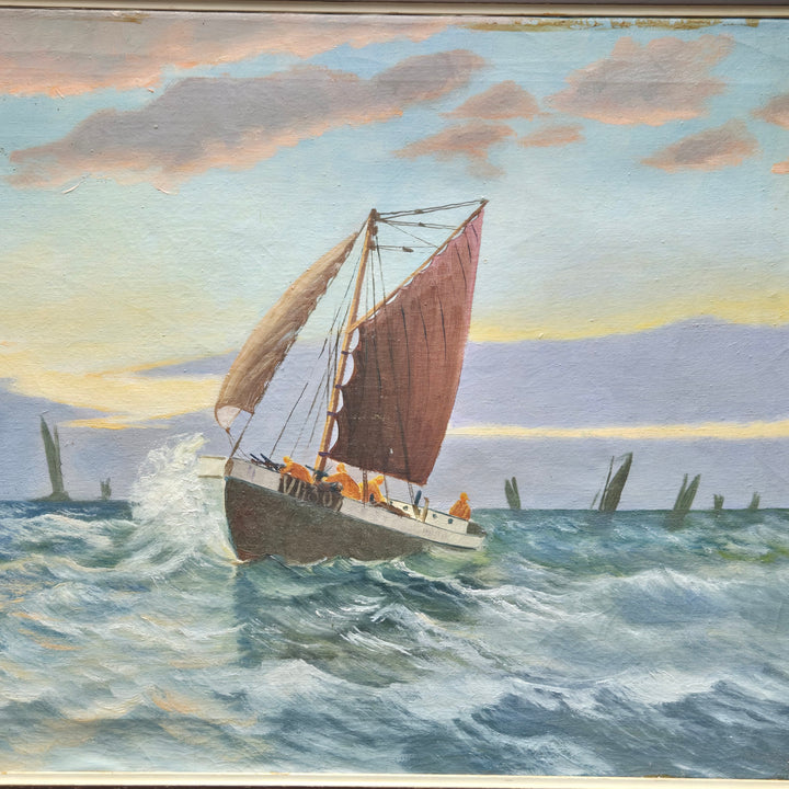 Retro marin oljemålning segelbåt i stormigt hav