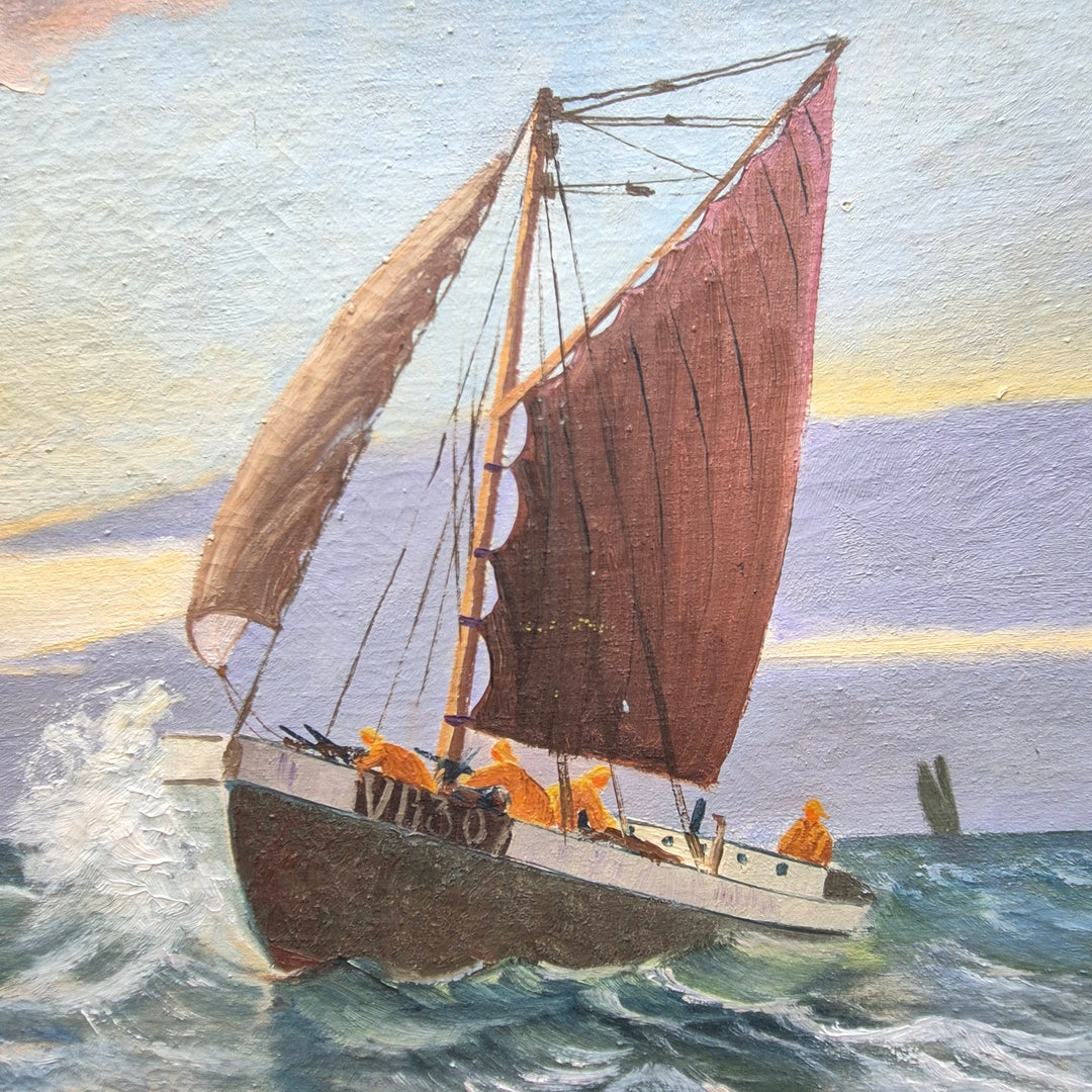 Retro marin oljemålning segelbåt i stormigt hav