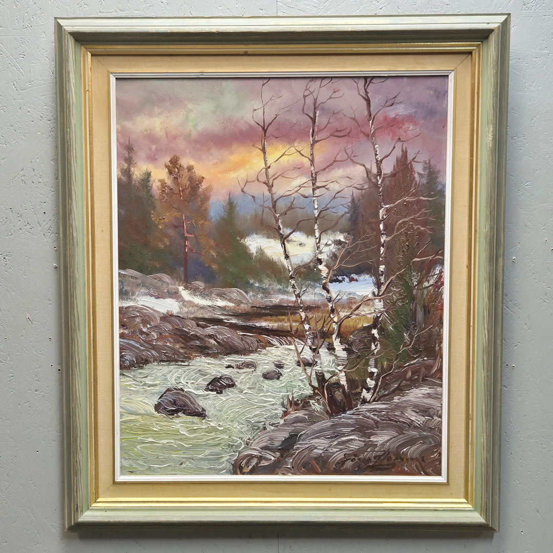 Retro oljemålning vinterlandskap med bäck