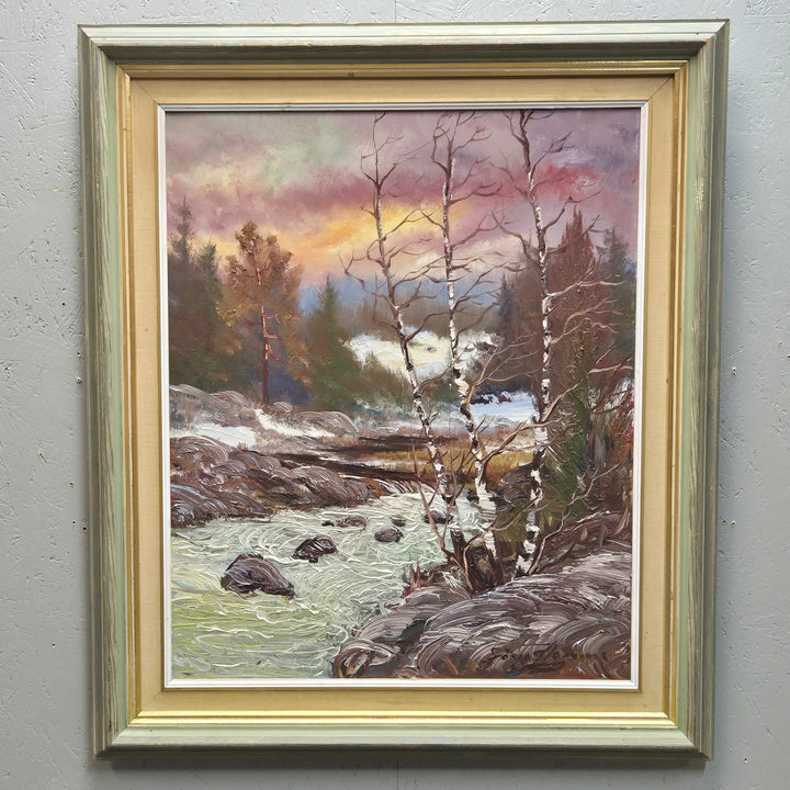 Retro oljemålning vinterlandskap med bäck