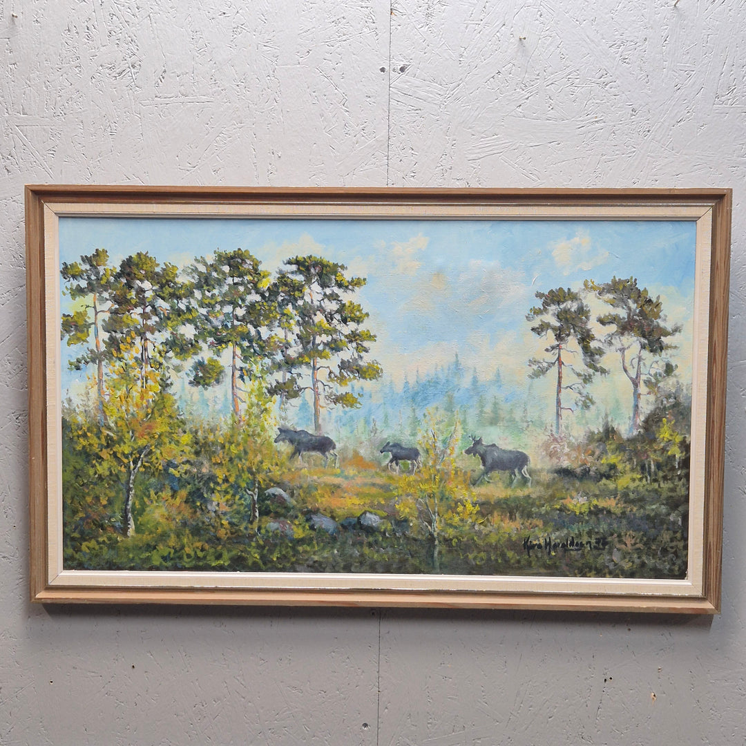 Retro oljemålning älgar i nordisk skog