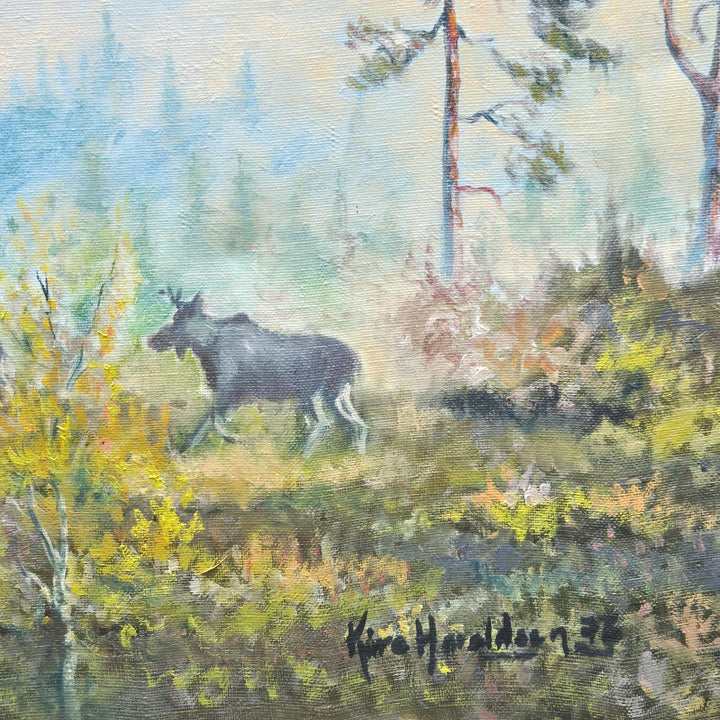 Retro oljemålning älgar i nordisk skog