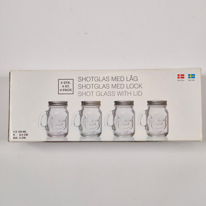 4-pack retro shotglas i glas med lock