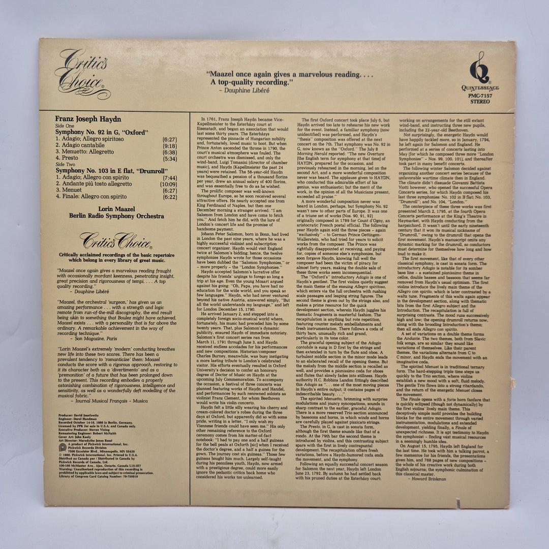 Haydn symfonier retro vinyl LP Quintessence