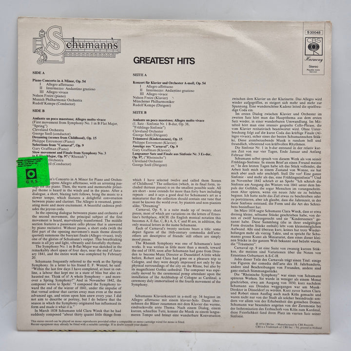Schumanns Greatest Hits vintage LP CBS Harmony