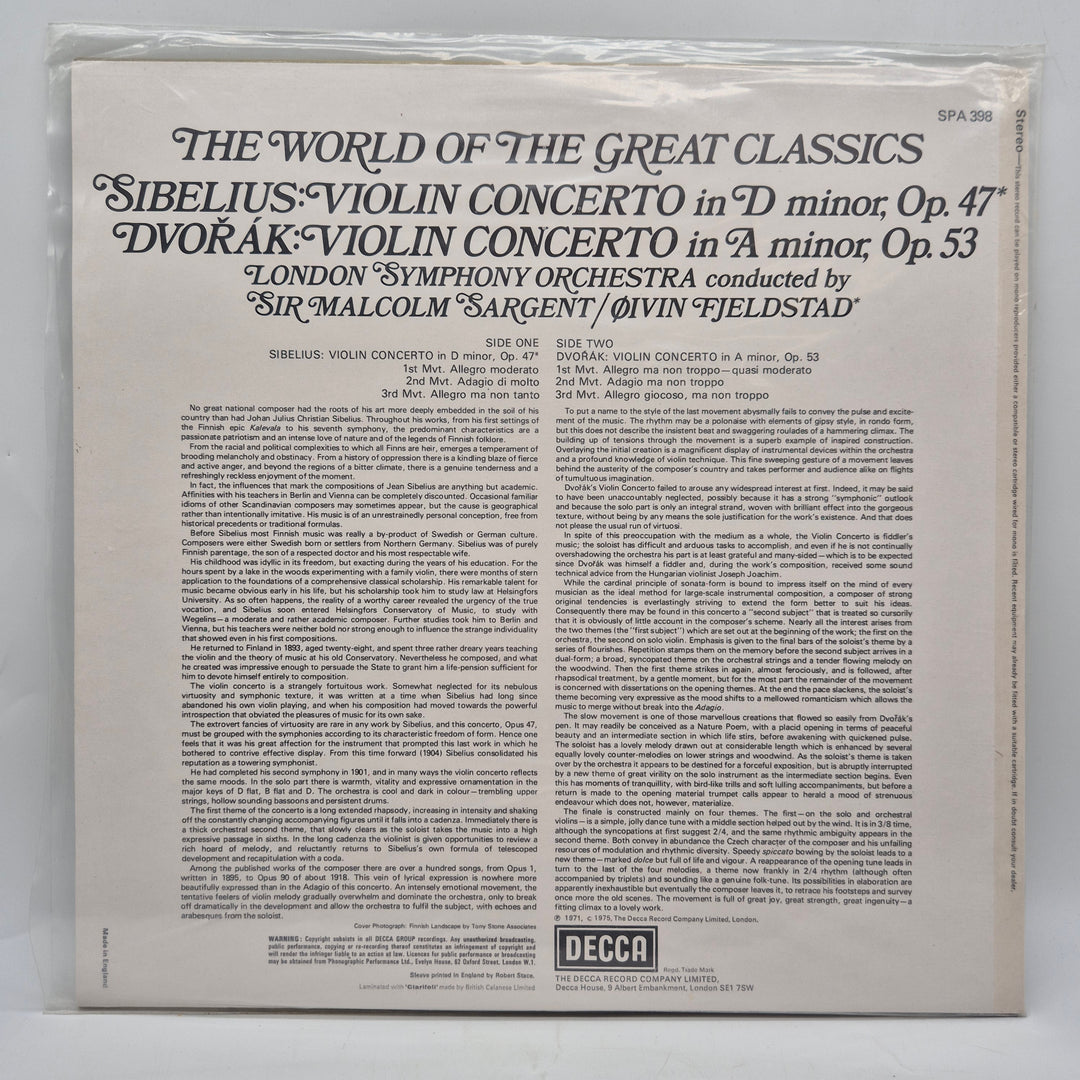 Decca LP Sibelius Dvořák klassisk violinkonsert retro