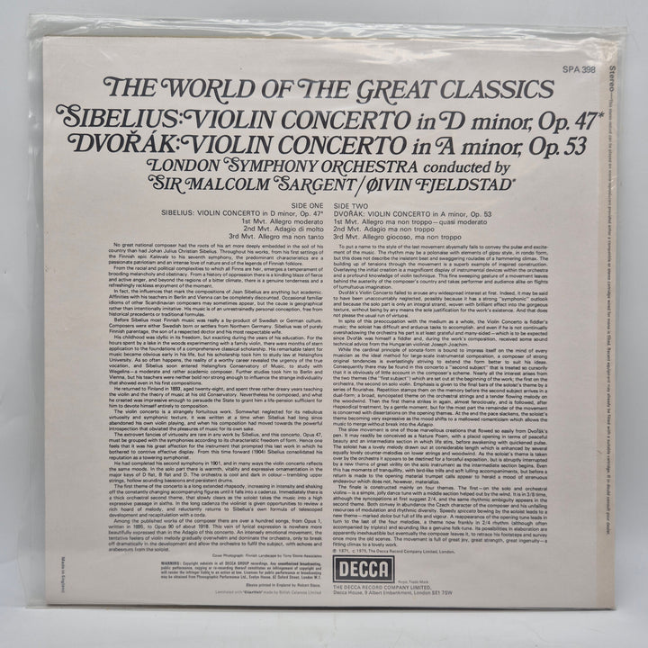 Decca LP Sibelius Dvořák klassisk violinkonsert retro