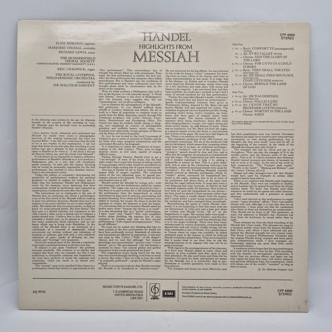 Handel Messiah highlights retro klassisk LP vinyl