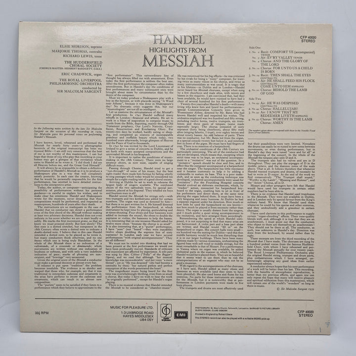 Handel Messiah highlights retro klassisk LP vinyl