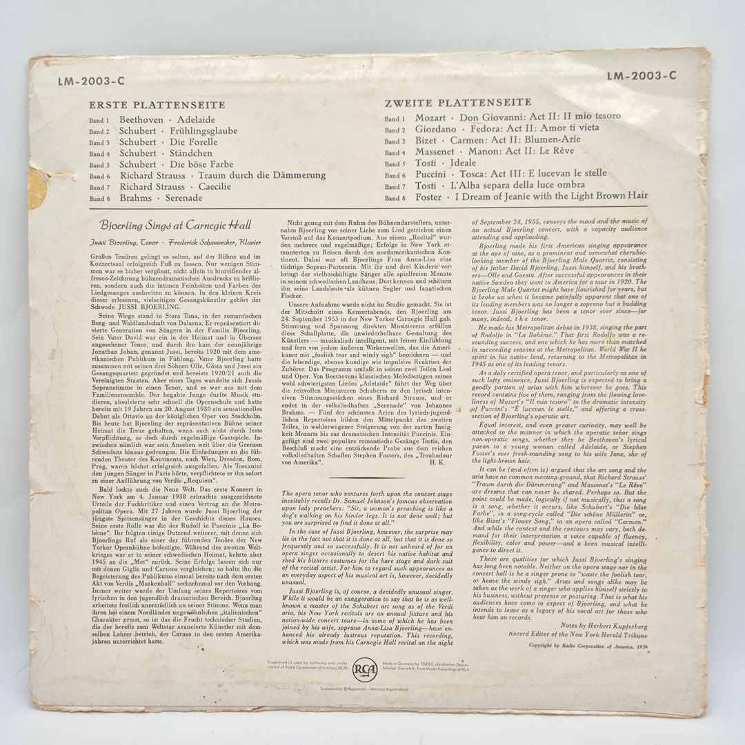 Jussi Björling vinyl LP RCA Carnegie Hall retro
