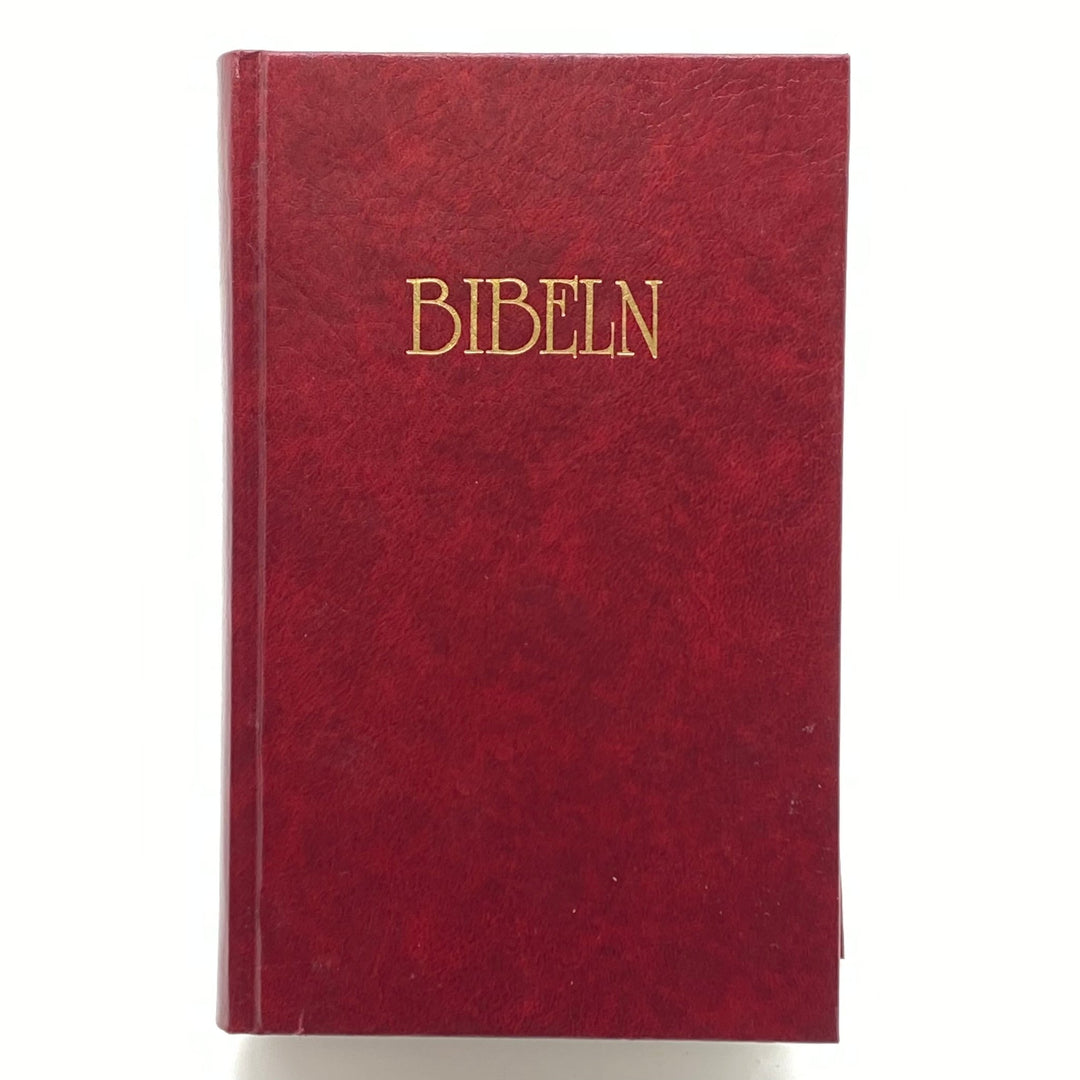 Röd Bibeln i konstläder med guldetikett - Homy Secondhand Online