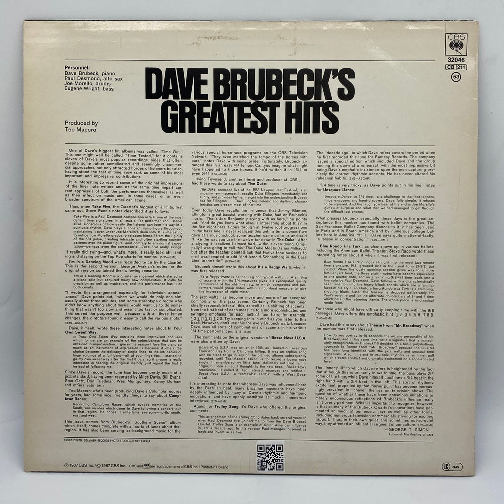 Dave Brubeck's Greatest Hits Vinylskiva – Jazzklassiker - Homy Secondhand Online