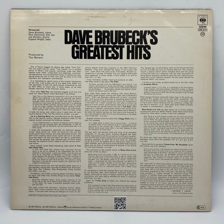 Dave Brubeck's Greatest Hits Vinylskiva – Jazzklassiker - Homy Secondhand Online