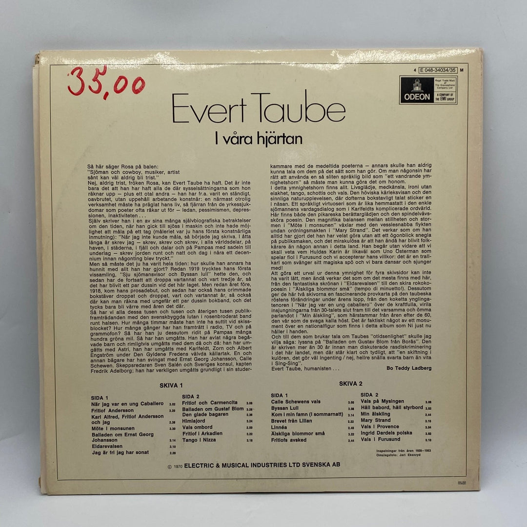 Evert Taube Vinylskiva I Våra Hjärtan EMI Odeon - Homy Secondhand Online