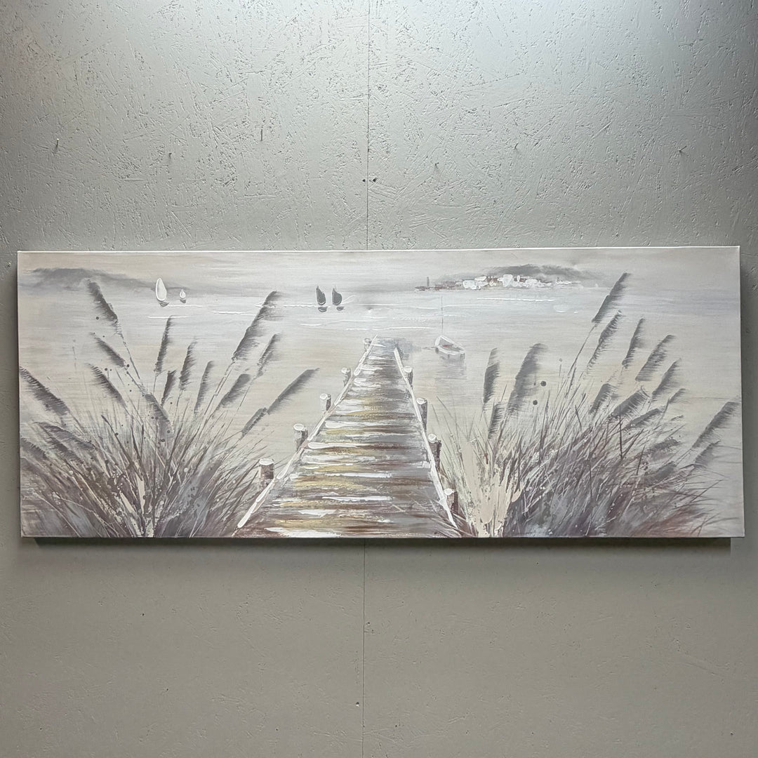 Stämningsfull canvasmålning med träbrygga mot havet