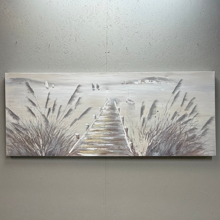 Stämningsfull canvasmålning med träbrygga mot havet