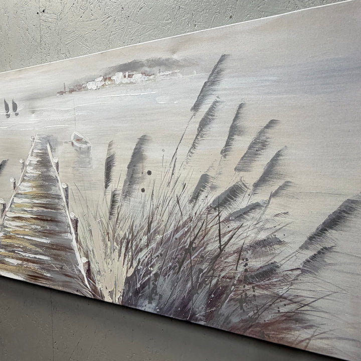 Stämningsfull canvasmålning med träbrygga mot havet