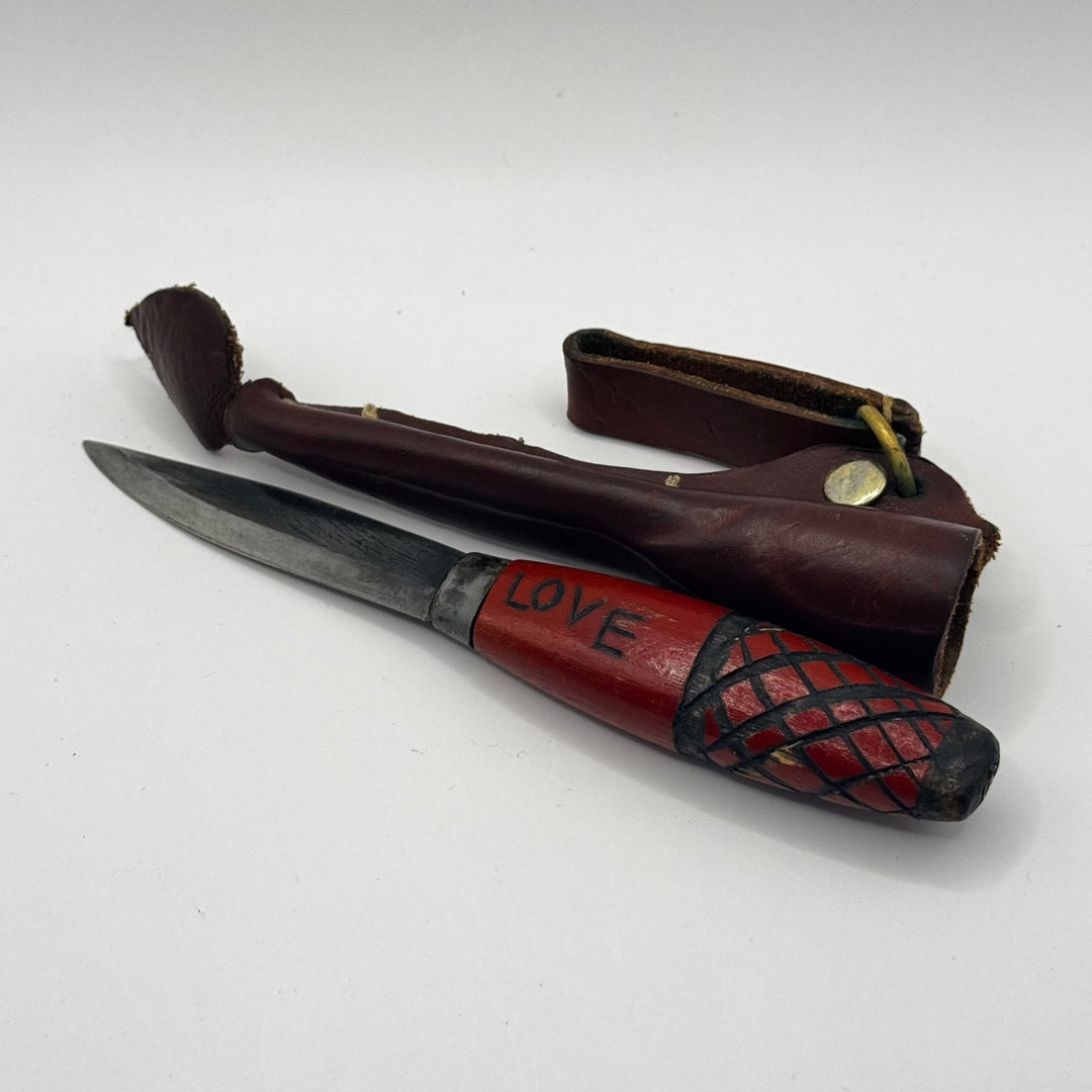 Röd vintage fällkniv med läderfodral - Homy Secondhand Online