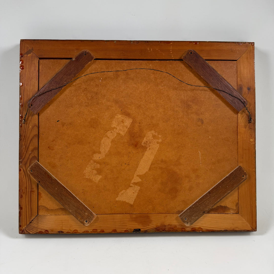 Retro trärelief med väderkvarn och byggnader