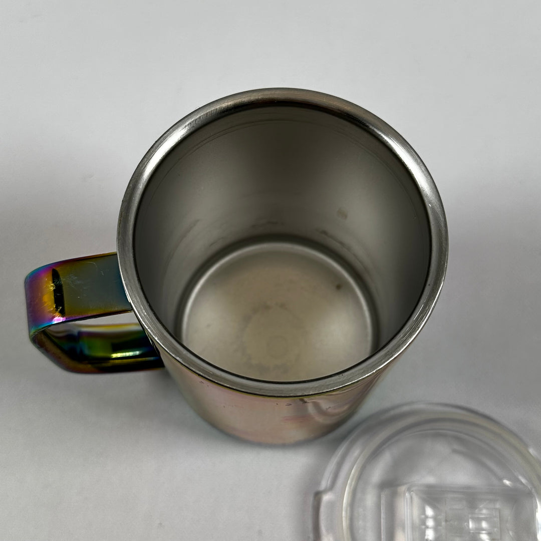 Färgglad iriserande termosmugg i gott skick