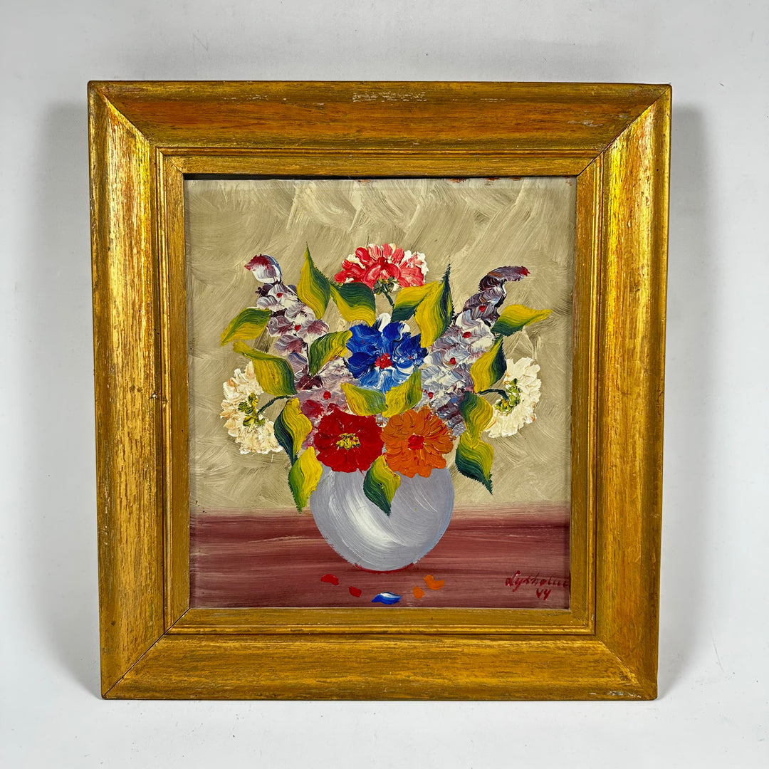 Retro Handmålad Tavla Med Färgglada Blommor