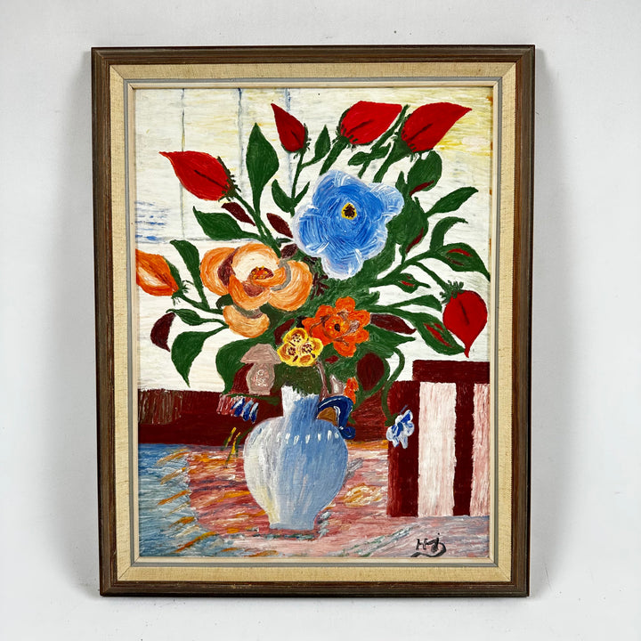 Färgglad tavla med blomstermotiv i olja