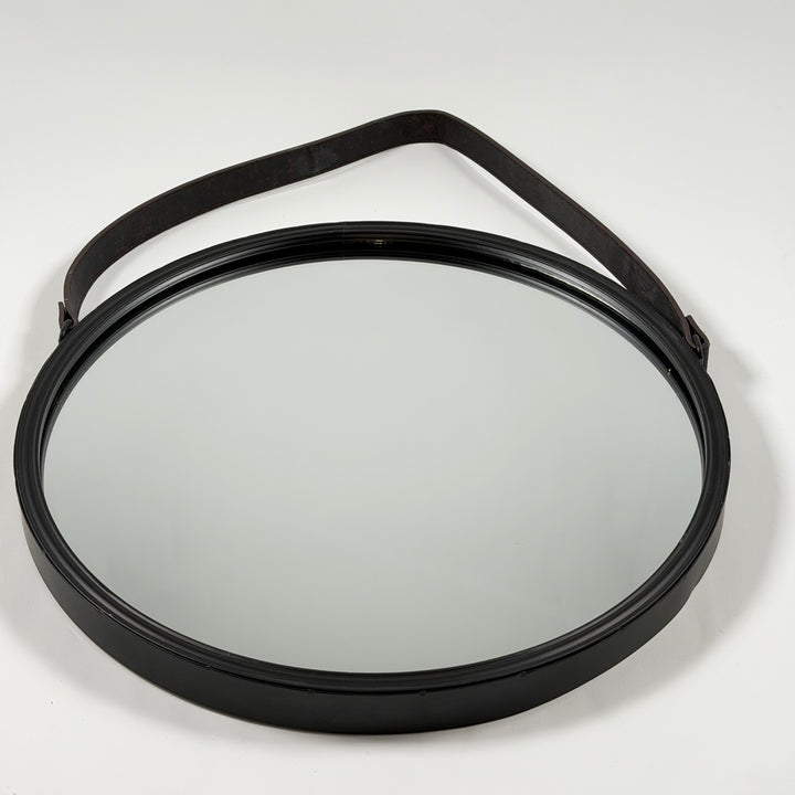 Rund retro spegel med svart ram och läderband
