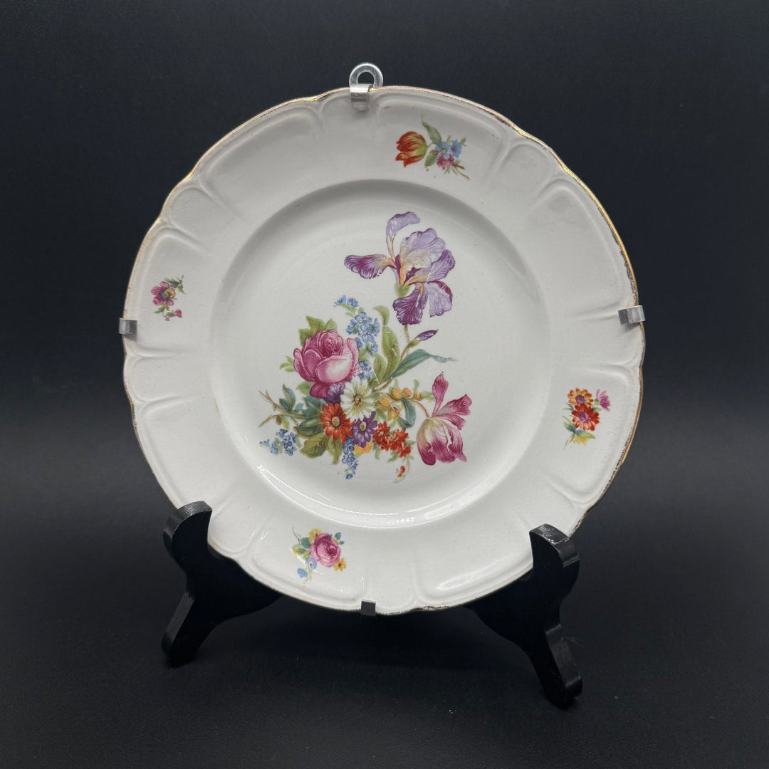 Antik blomstrad porslinstallrik med guldkant - Homy Secondhand Online