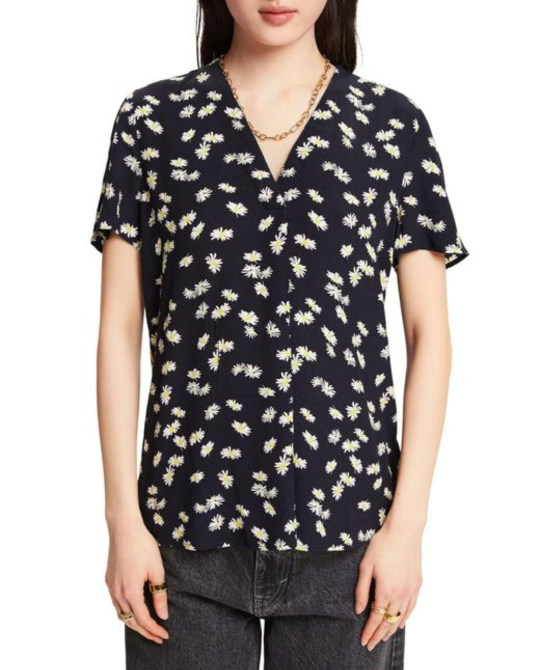 Esprit - svart blus med blommönster, kort ärm