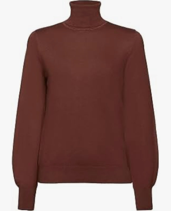 Esprit - Brun stickad polotröja i ullmix
