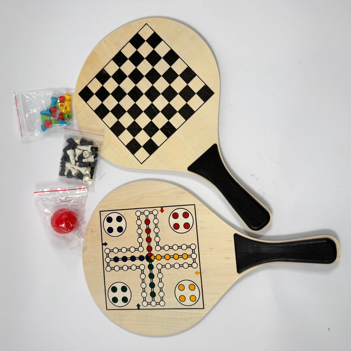 Portabelt träspel schack och Fia racketset