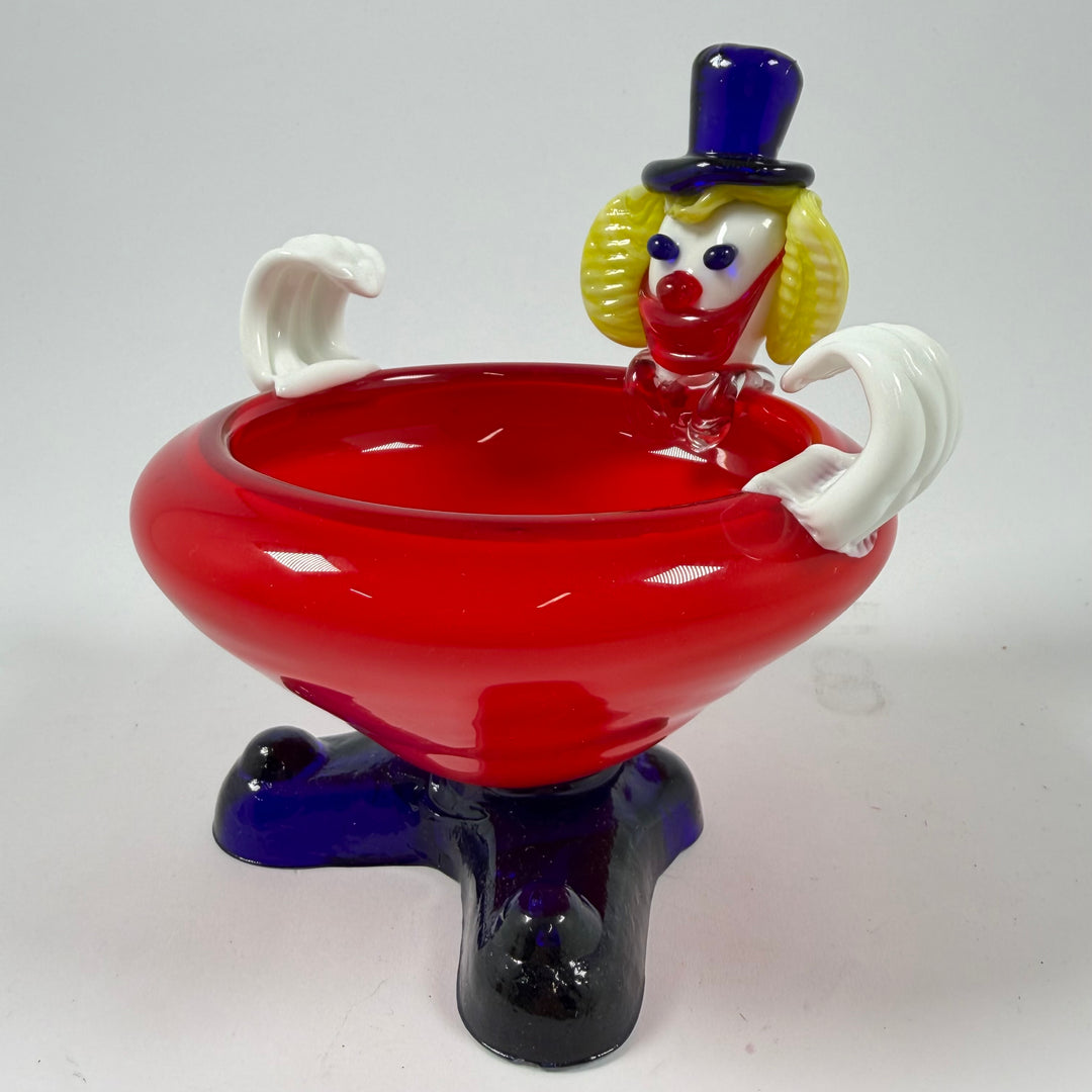 Retro glasskål clown röd blå handblåst