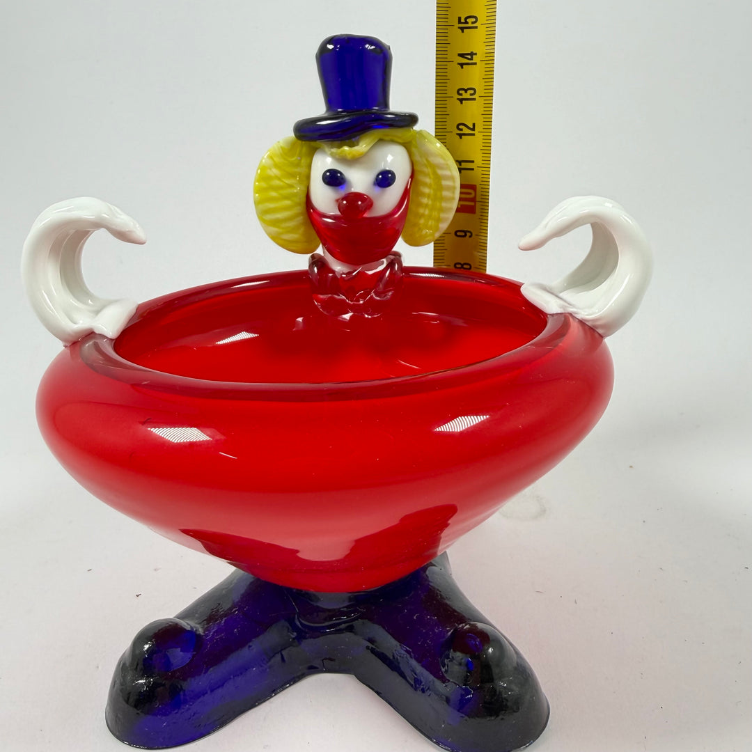 Retro glasskål clown röd blå handblåst