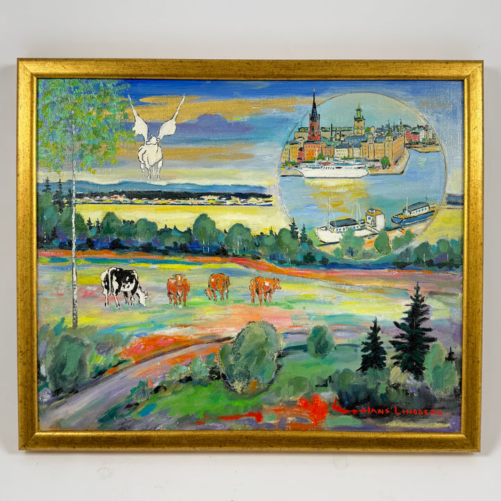 Oljemålning lantlandskap Stockholm retro Hans Lindberg