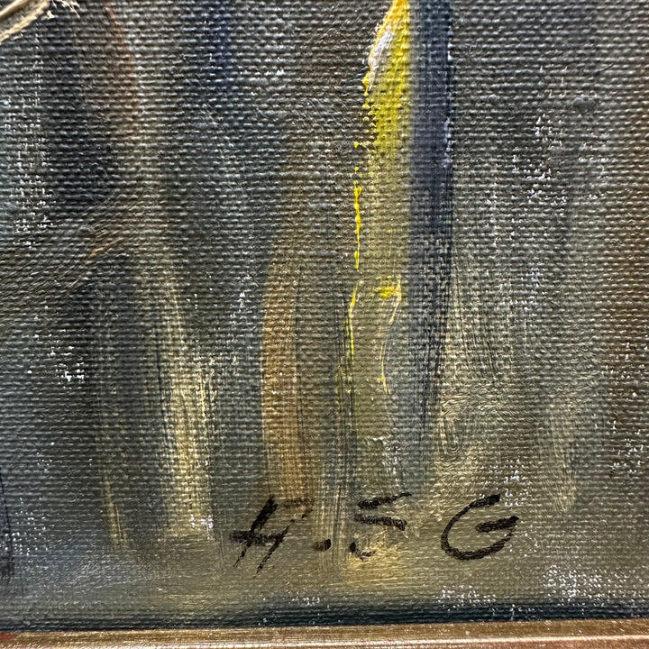 Retro oljemålning bergslandskap med guldram