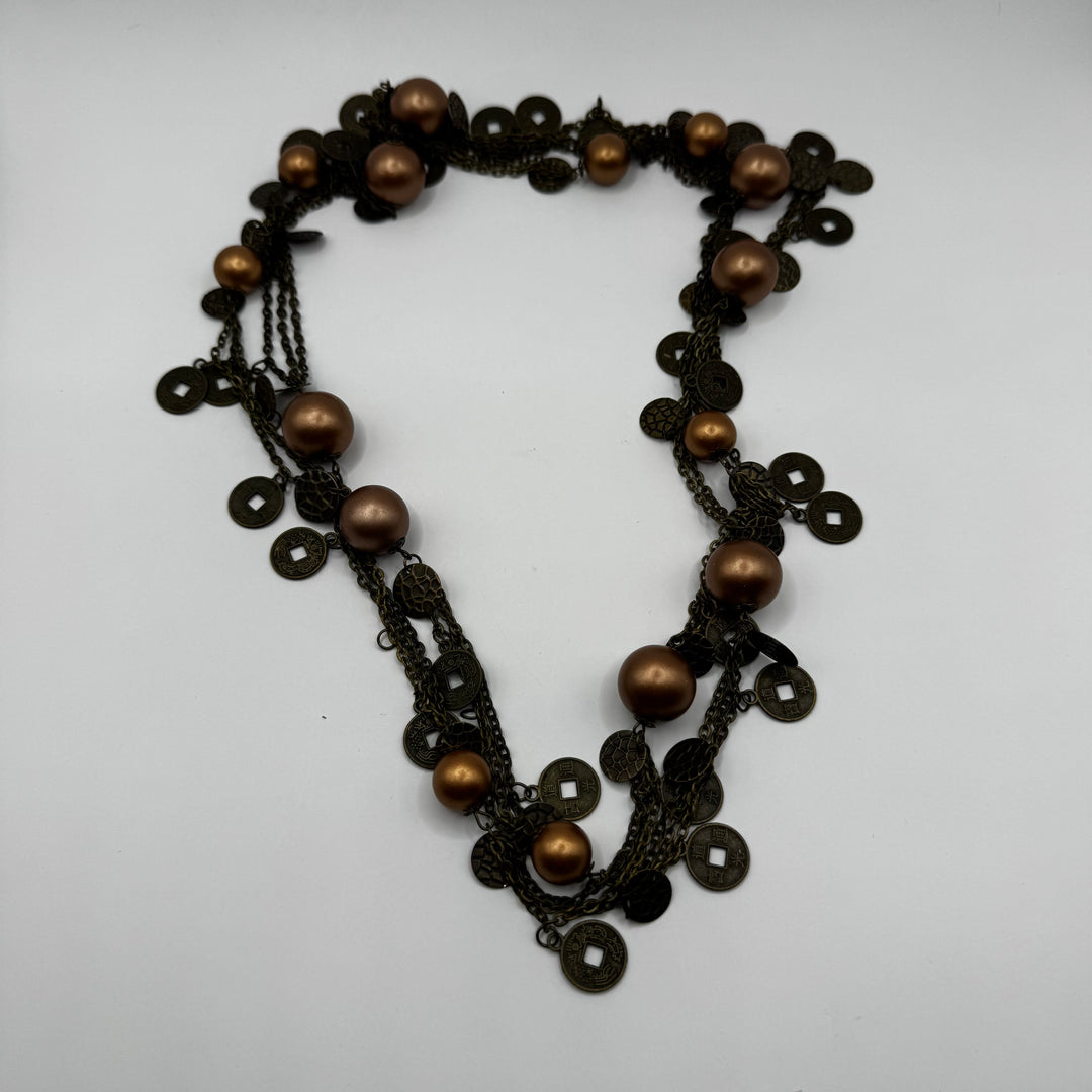 Retro Halsband i Bronsfärgad Metall och Pärlor