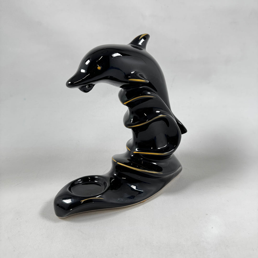 Elegant retro delfinskulptur i keramik med ljushållare