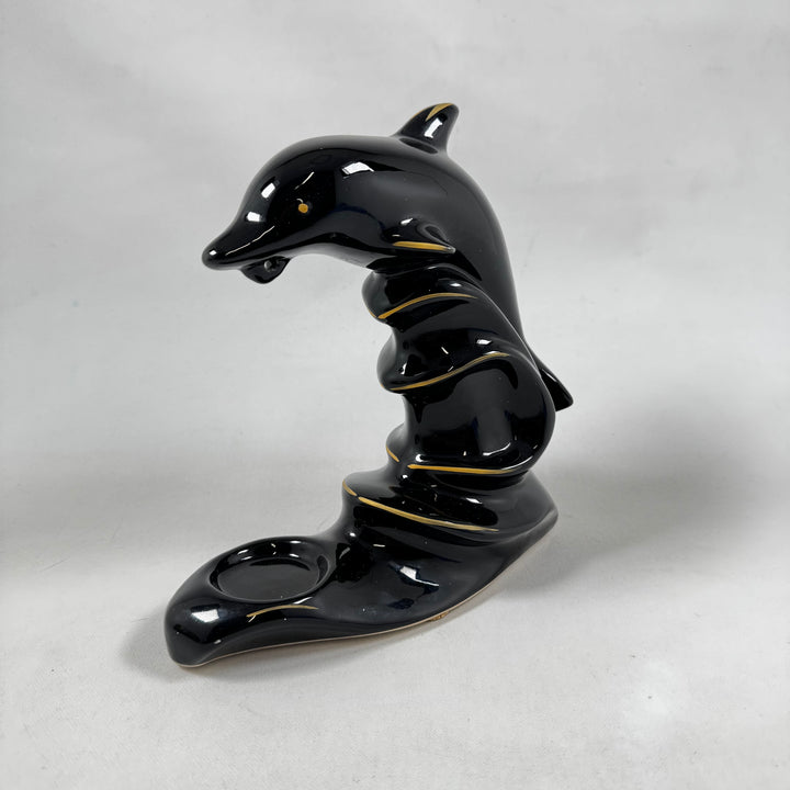 Elegant retro delfinskulptur i keramik med ljushållare