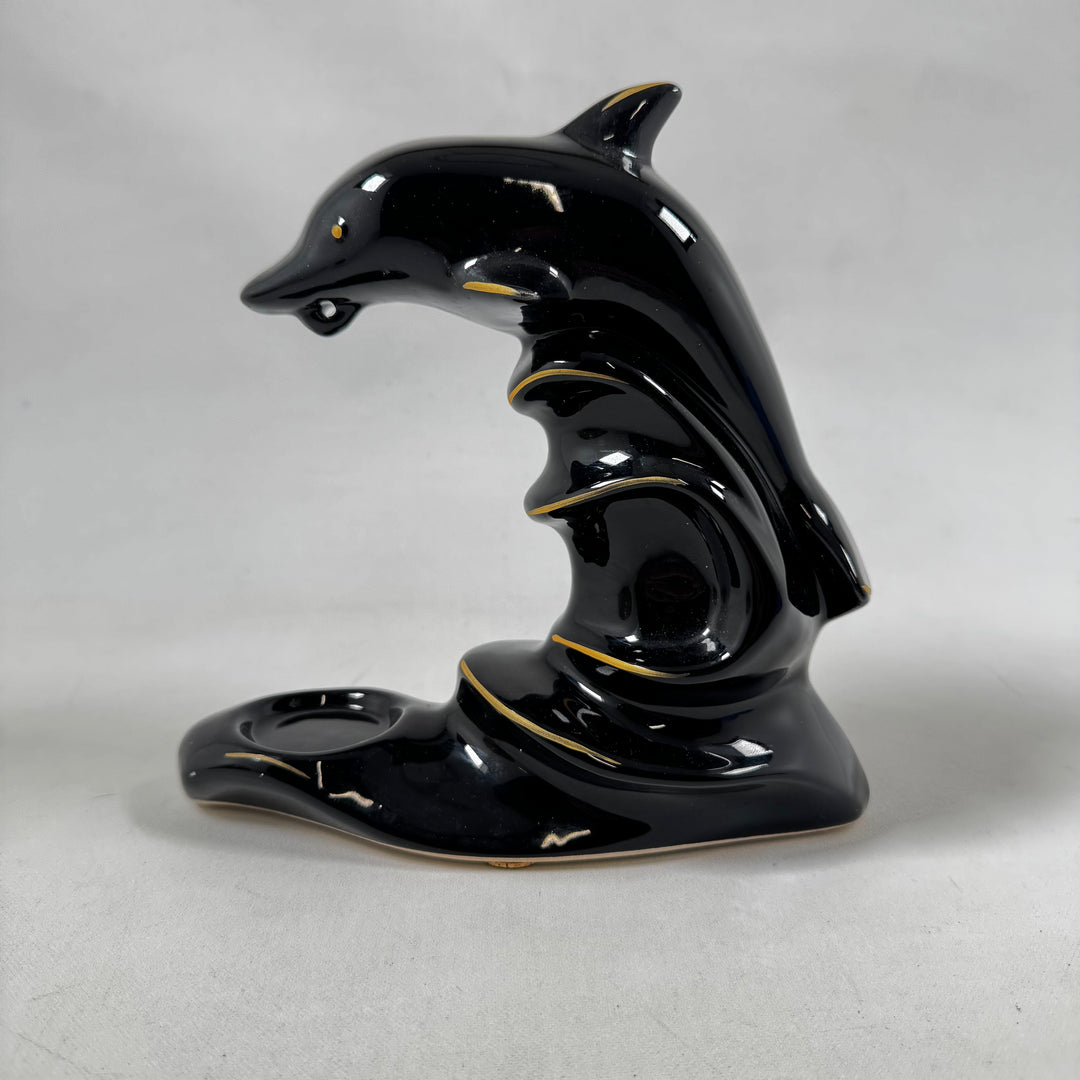 Elegant retro delfinskulptur i keramik med ljushållare