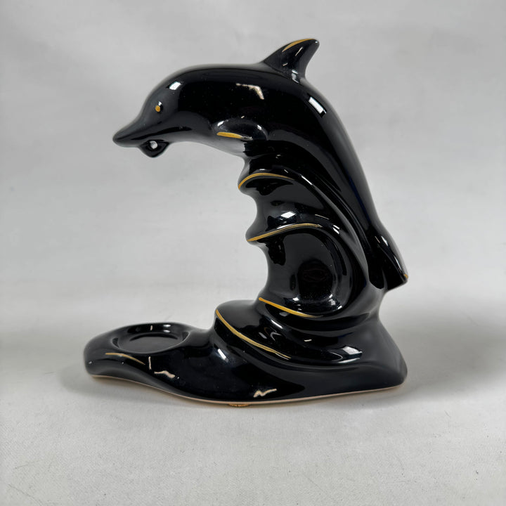 Elegant retro delfinskulptur i keramik med ljushållare